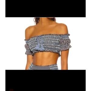 Jonathan Simkhai Striped Smocked Off Shoulder Puff Sleeves Top Large